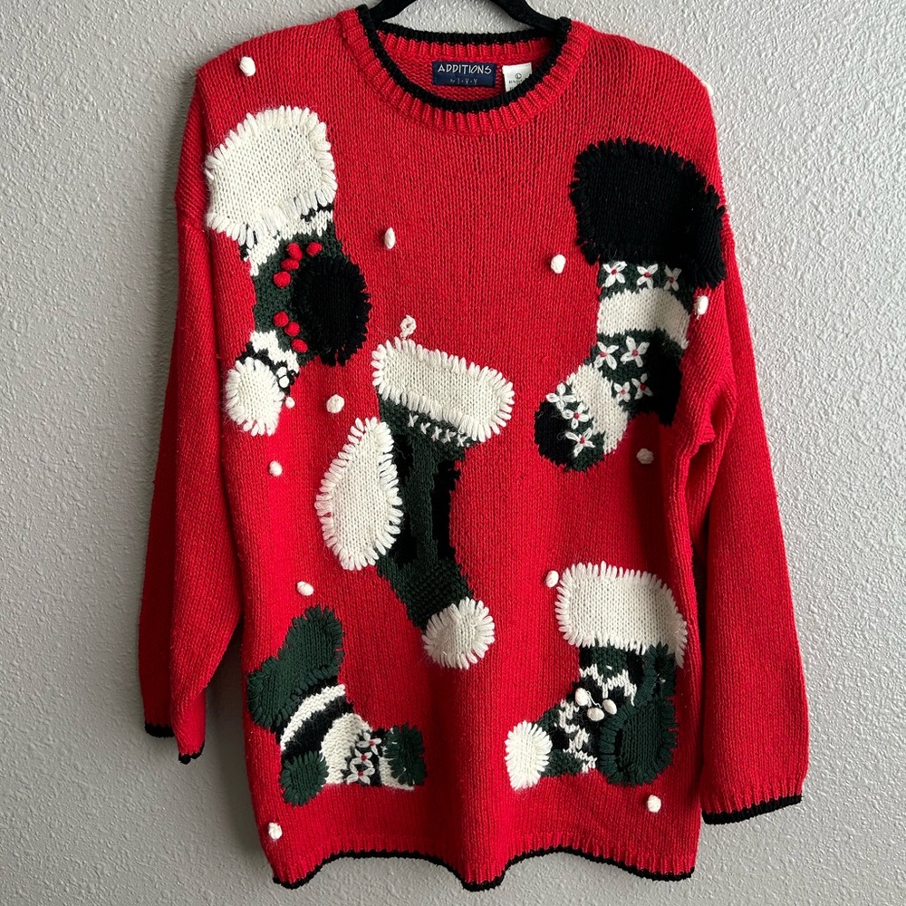 Additions By Ivy‎ Vintage Silk 80’s Christmas Stockings Red Pullover Sweater